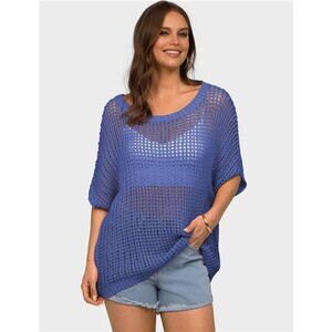 Womens Summer Short Sleeve Crochet Tops Blue